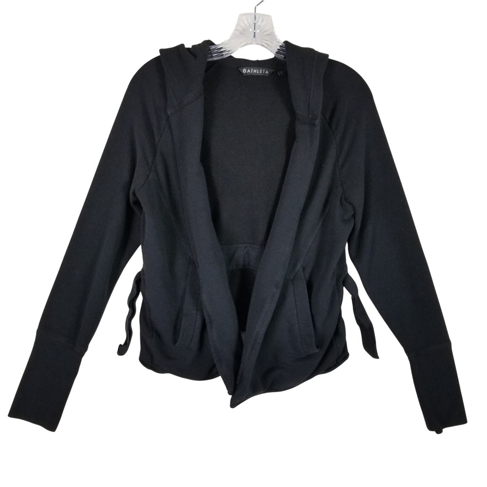 Athleta Open Front Hoodie Women Small Black Side Tie Modal Wrap Cardigan 313